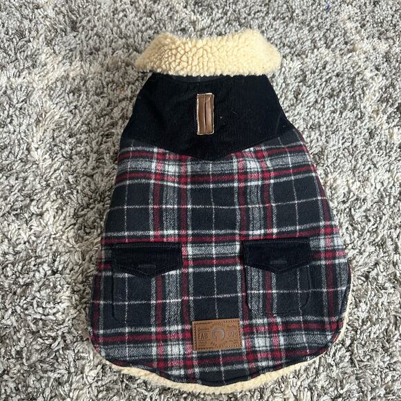 Fabdog Black Wool Plaid Shearling Dog Coat Size 16 - Picture 1 of 10